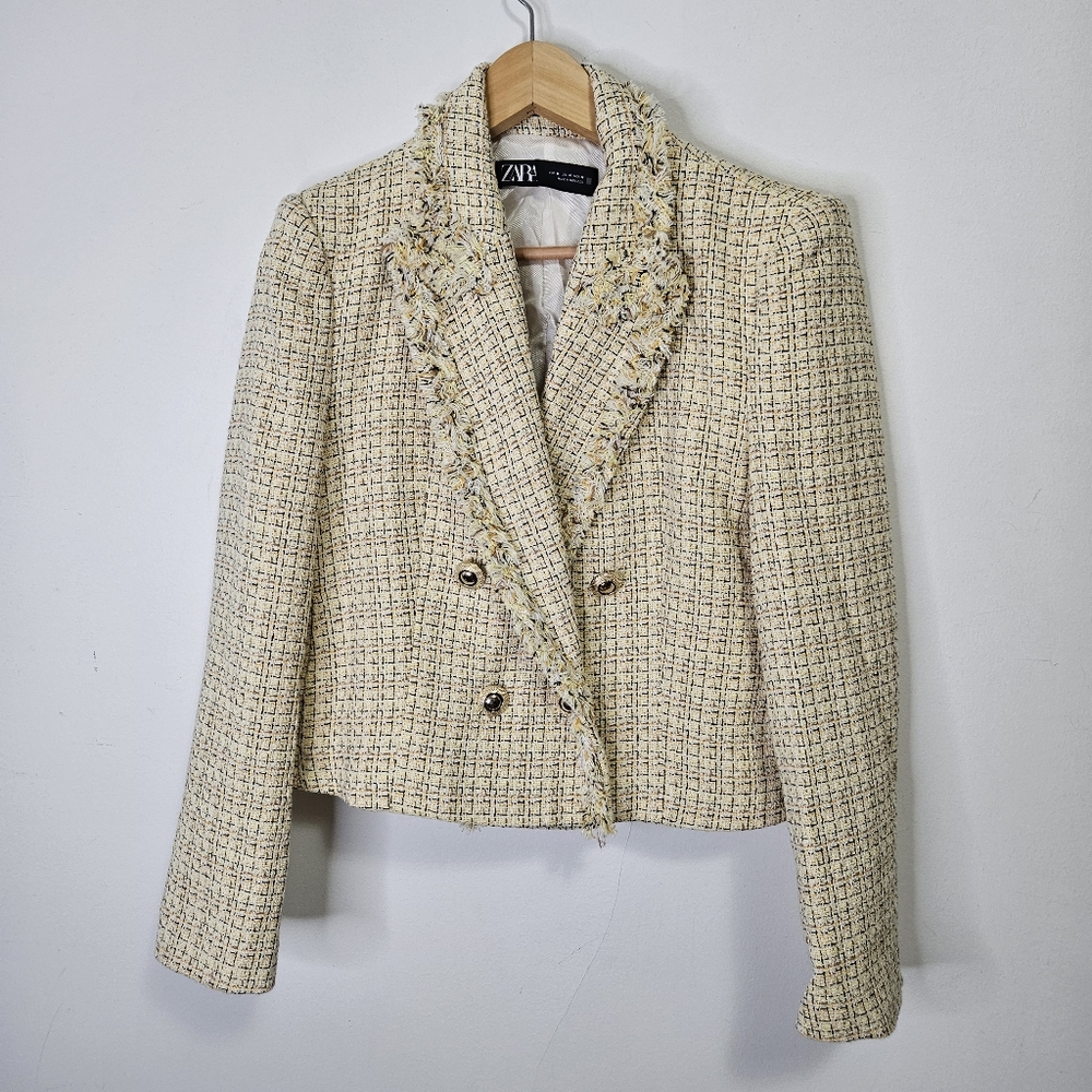 SOLD Zara Tweed Cropped Blazer Sz M Butter Yellow Double Breasted Preppy - Picture 6 of 13